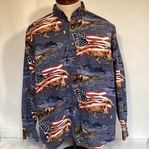 Bit & Bridle Western Flag and Wild Mustang Horses button down shirt Mens size XL